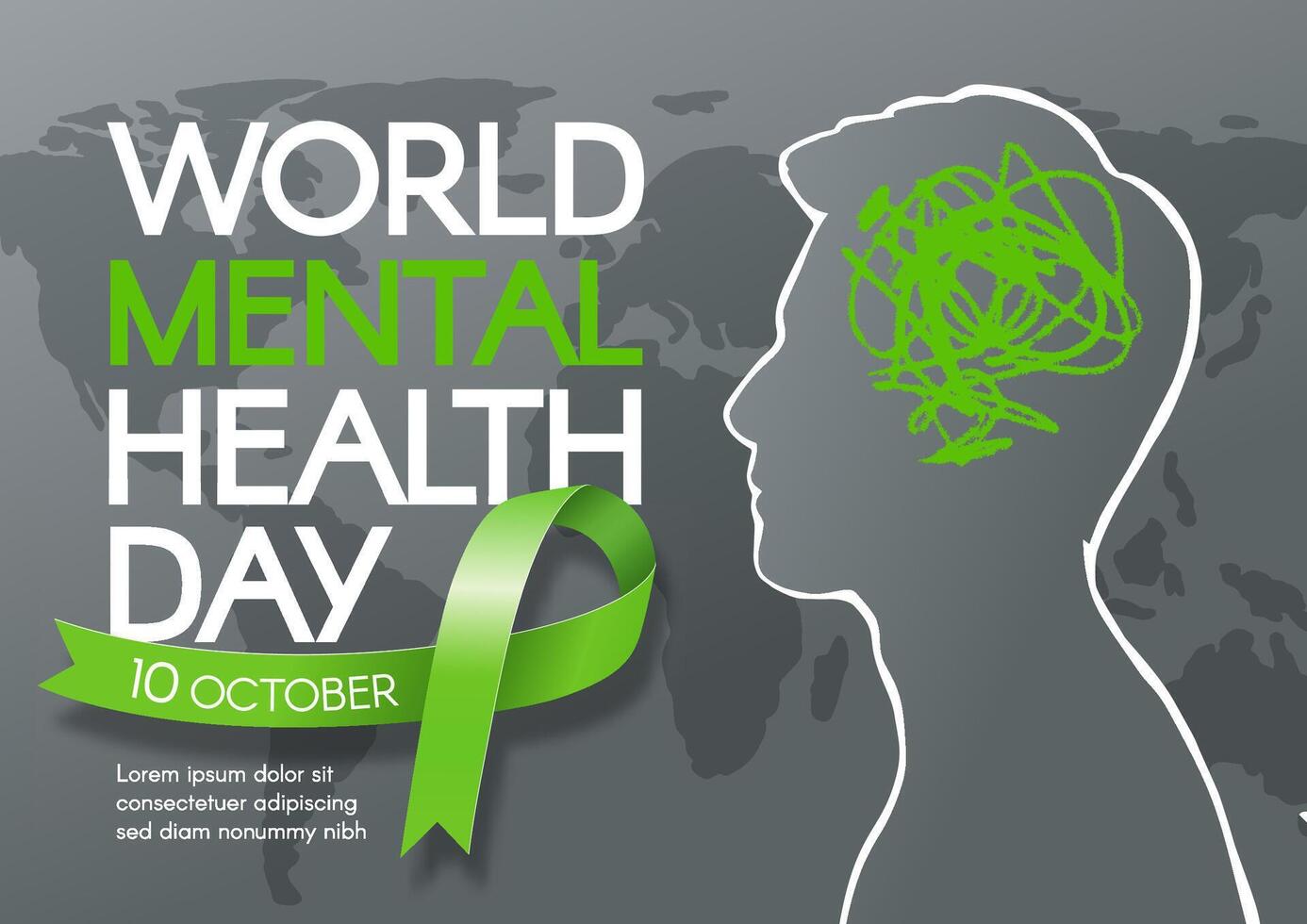 World Mental Health Day. Horizontal banner with green ribbon, a man's silhouette, and text. flat illustration. vector