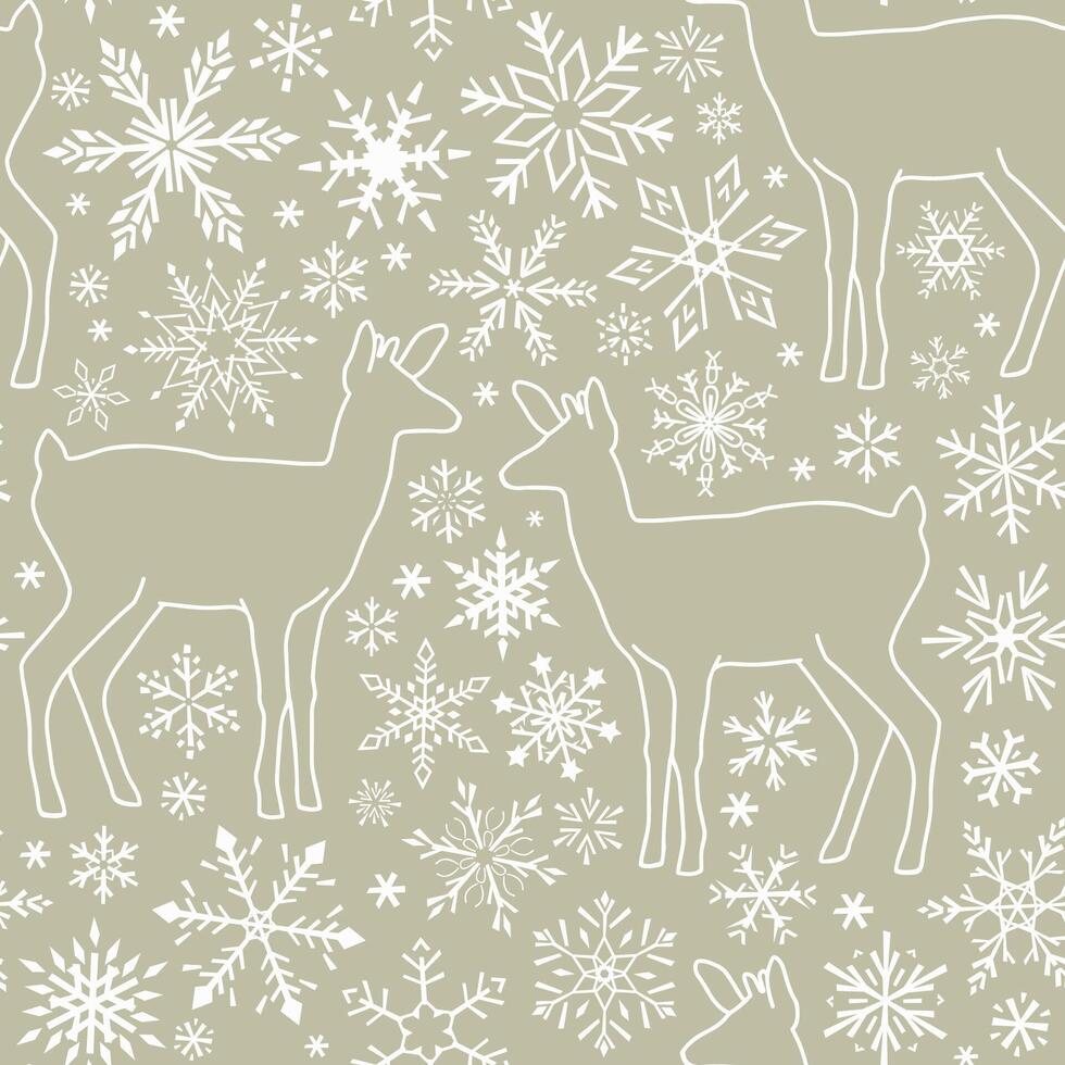 Seamless pattern with silhouettes of deer and snowflakes. Simple Outline illustration. vector