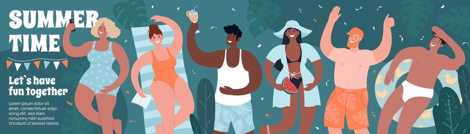 Summertime long horizontal banner. Diverse people in swimsuits have fun. vector