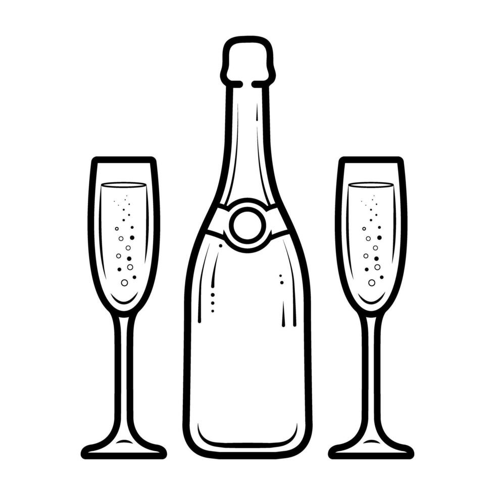 Line art drawing of a bottle of champagne and two champagne flutes vector