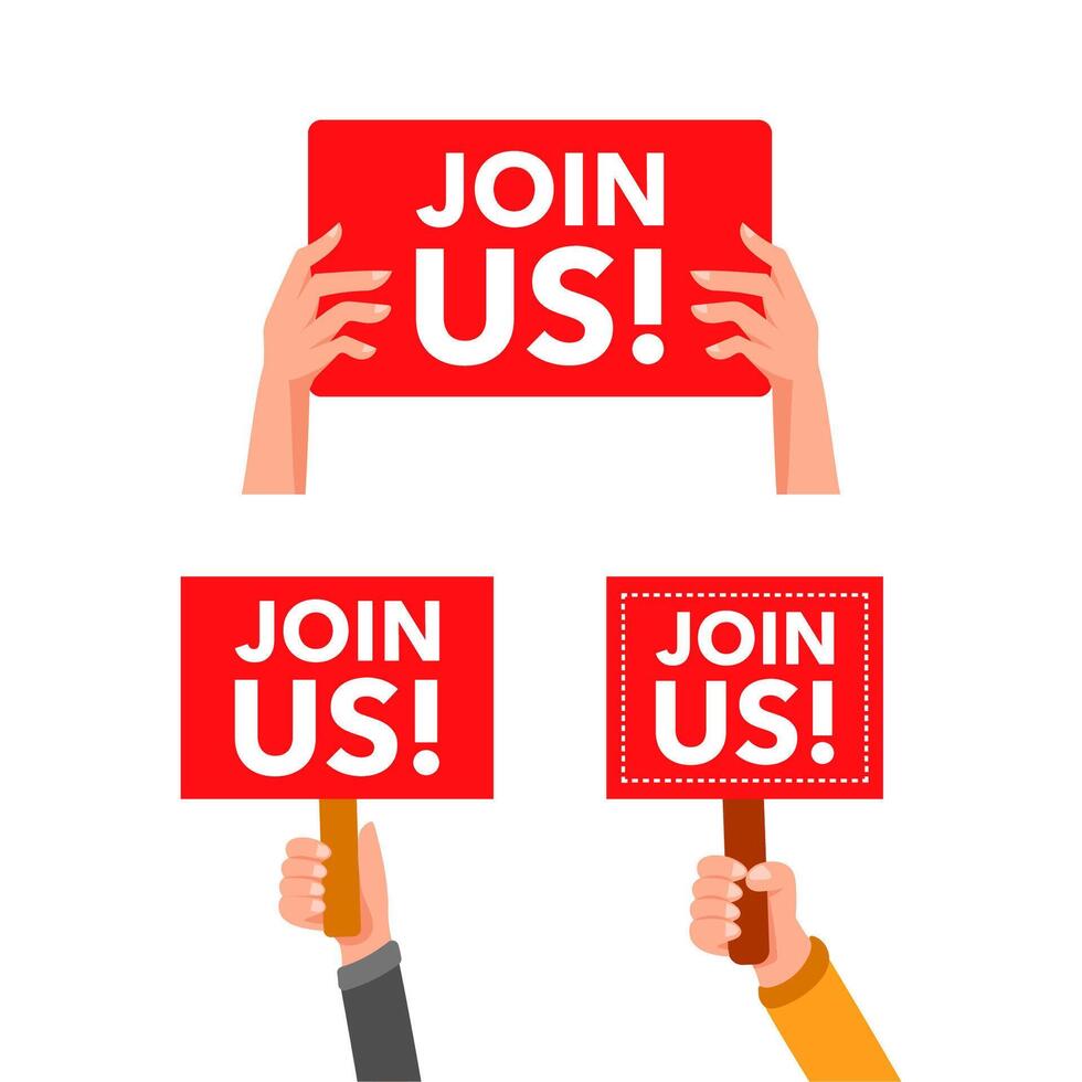Hands holding join us signs encouraging people to become members vector