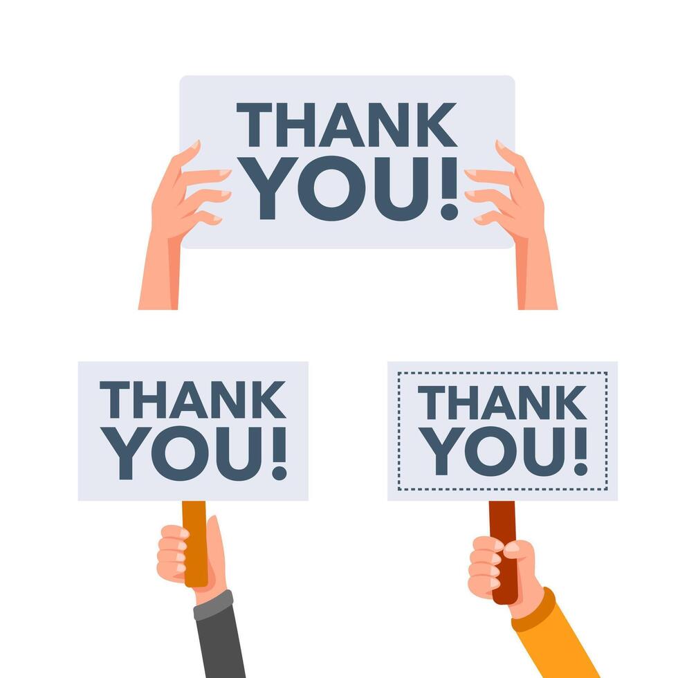 Hands holding signs with thank you text showing appreciation vector