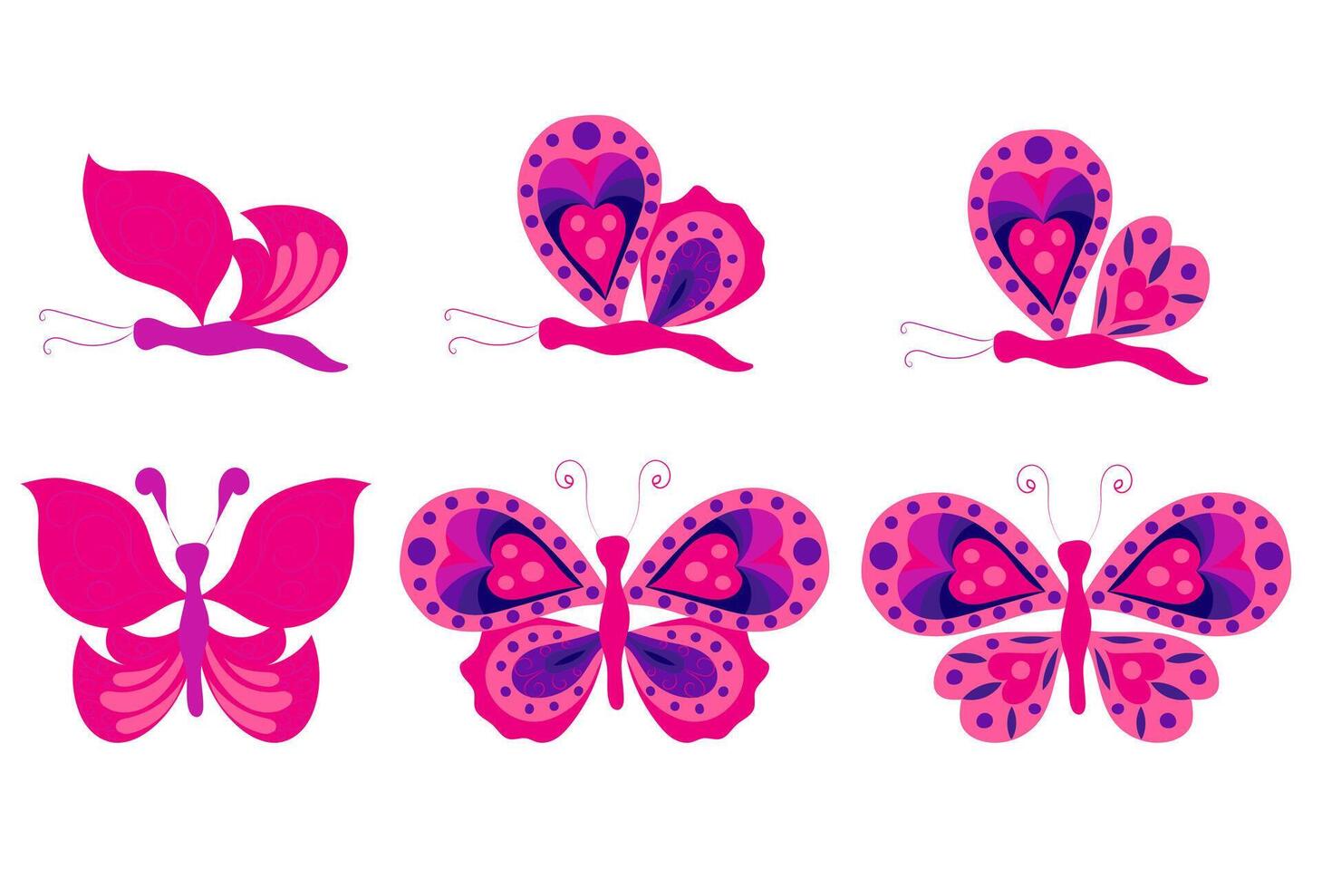 Set of pink and purple butterflies. illustration isolated on white background. vector