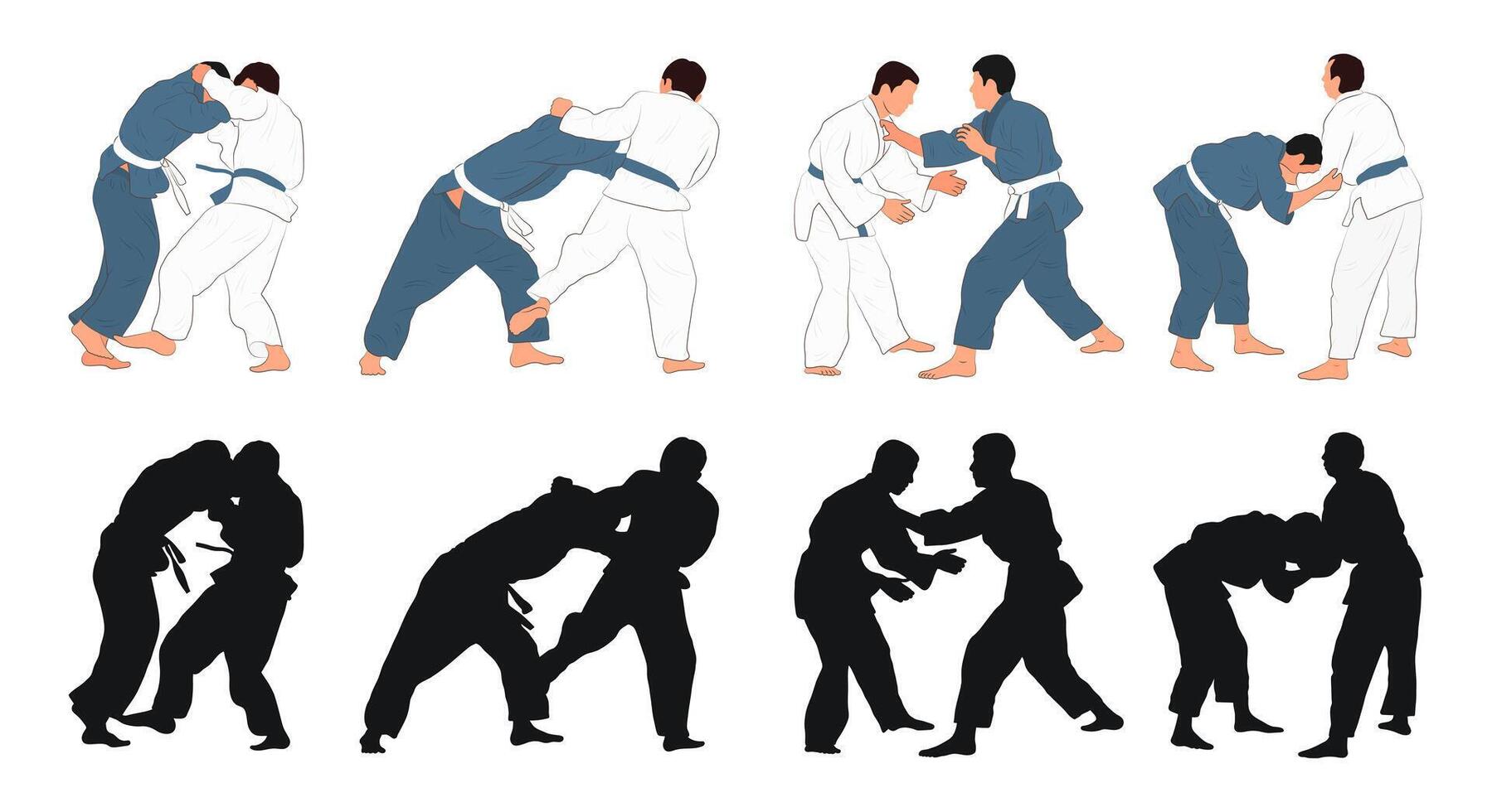 Judo set silhouettes on white background. Different action, pose. Martial arts, jiu jitsu, sport vector