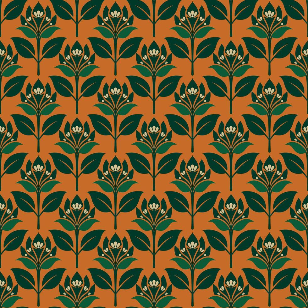 a pattern with green leaves on an orange background vector
