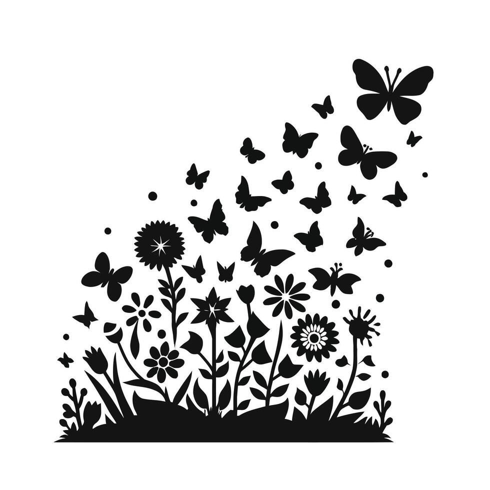 Butterflies and flowers in the garden silhouette vector