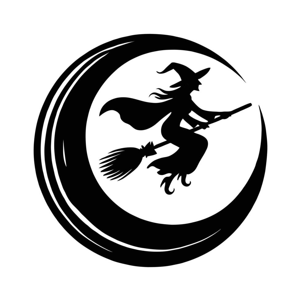 A black and white silhouette of a witch flying on a broom vector