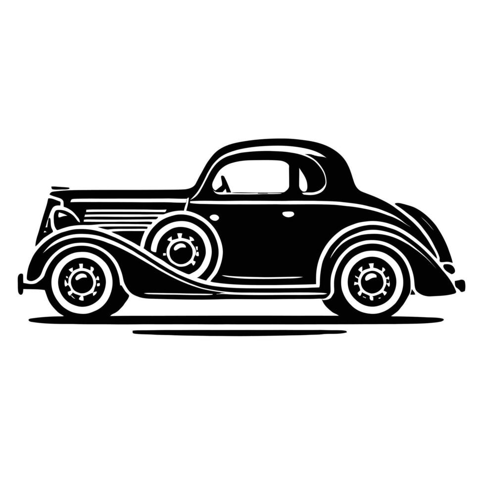 An old car is shown in black and white vector
