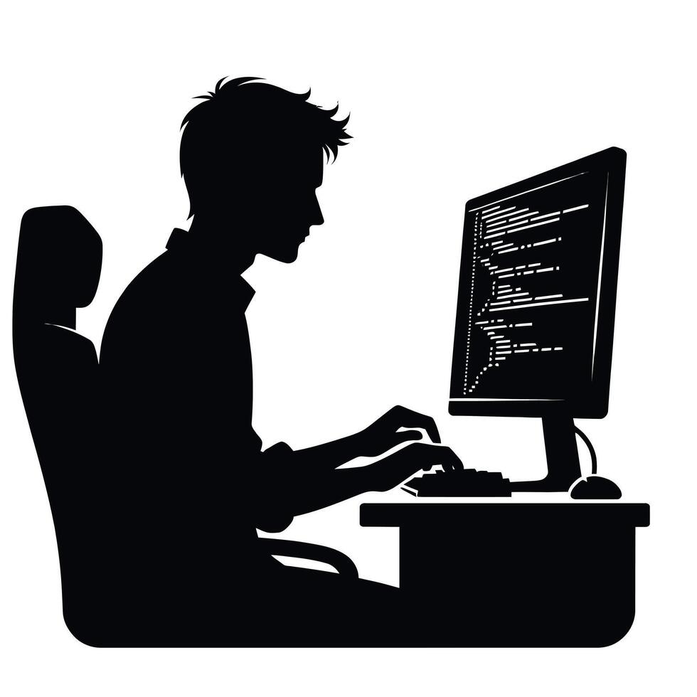 A silhouette of a man sitting at a computer vector