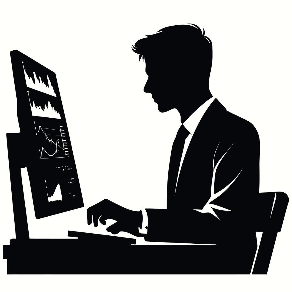 Silhouette of a man in a suit working on a computer vector