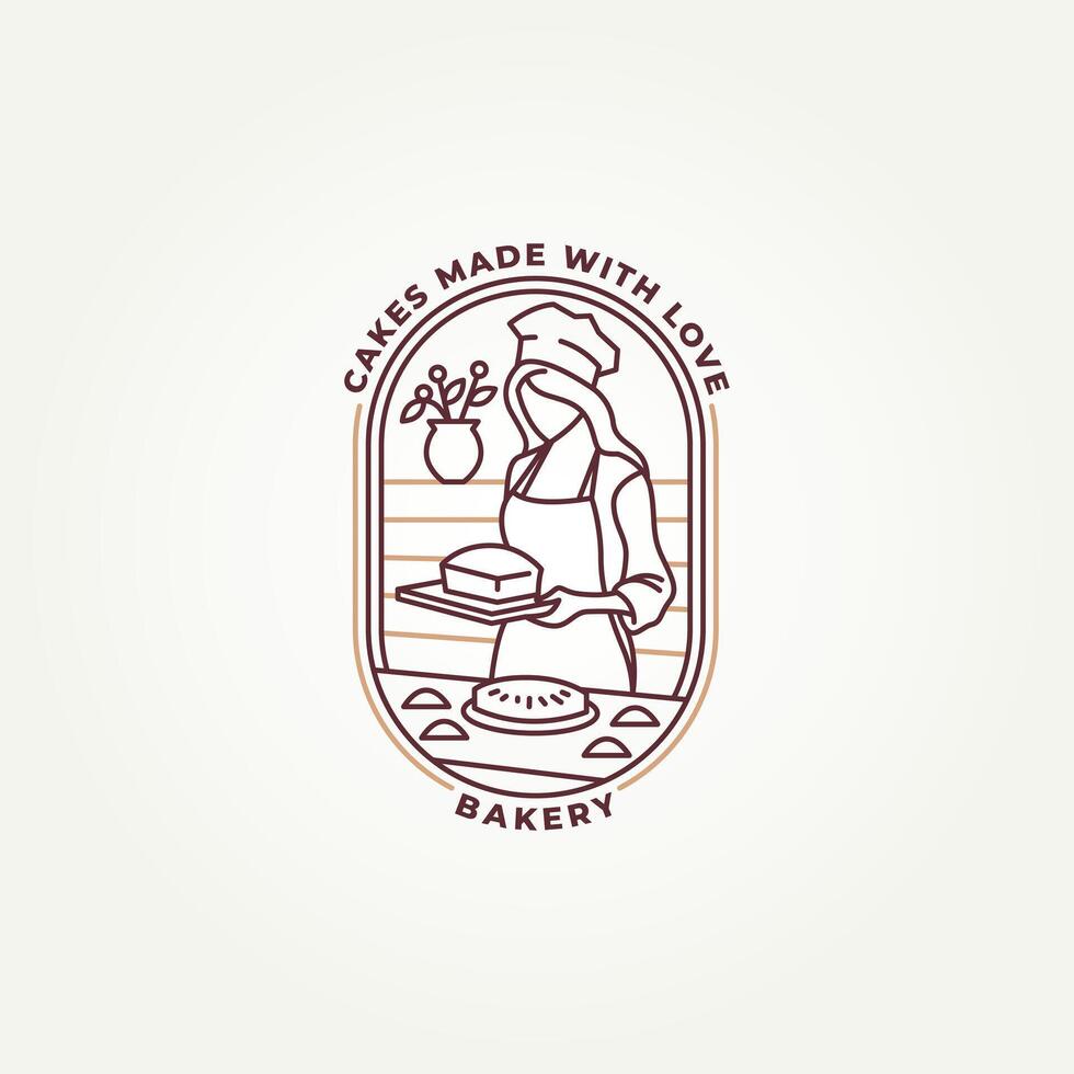 minimalist woman making bread or cake line art badge icon logo illustration design. simple modern bakery, restaurant, catering, deli emblem logo concept vector