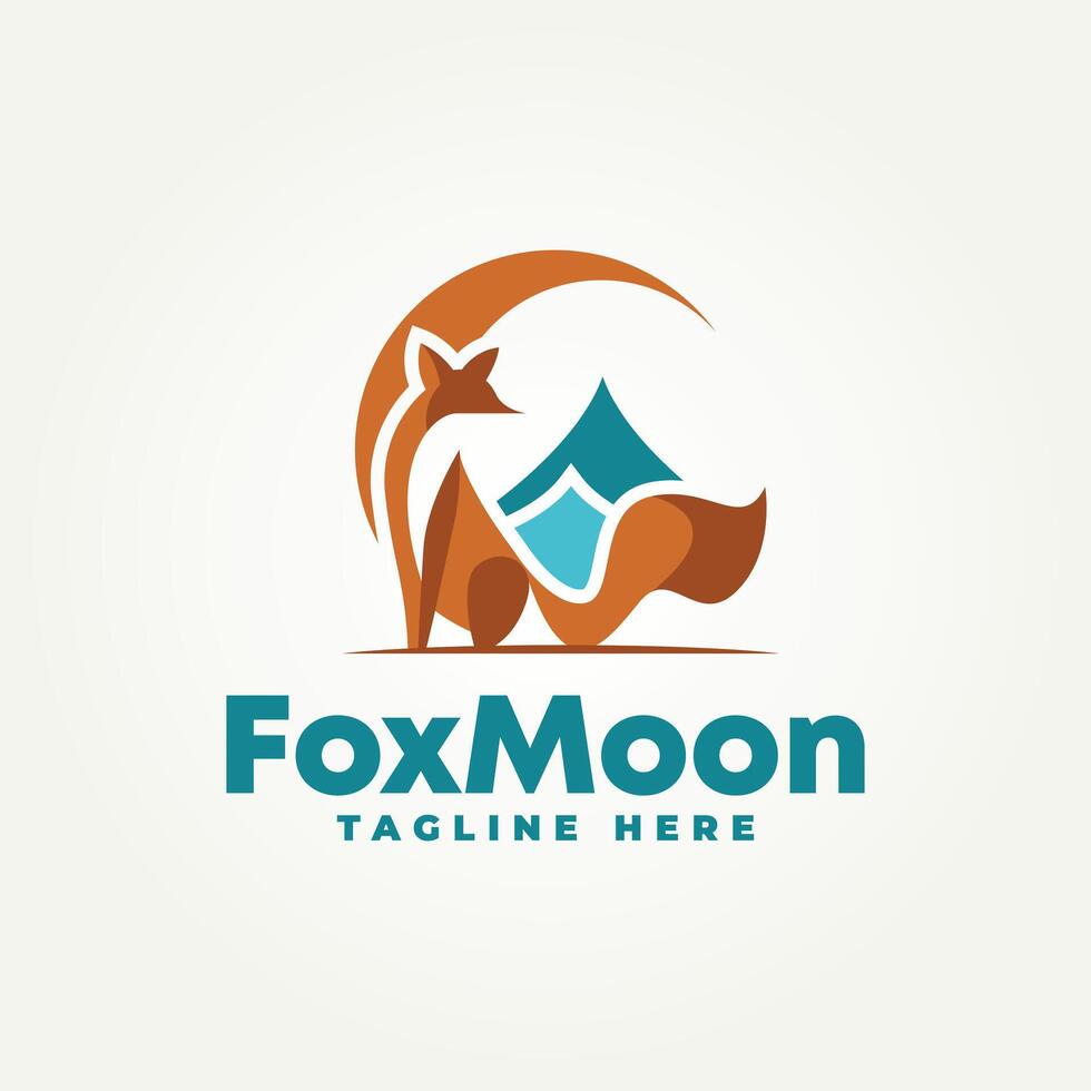 minimalist sitting fox with crescent moon and mountains flat icon logo illustration design. simple modern logo suitable for branding a business vector