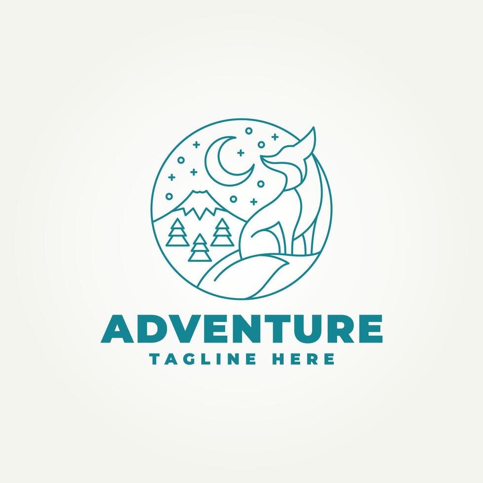 minimalist sitting fox with a view of the mountains line art icon logo illustration design. simple modern logo suitable for branding a business vector