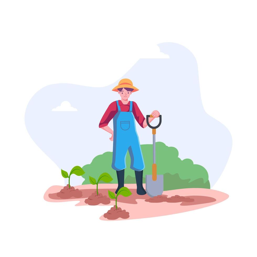 Garden, farm and ranch. man tending garden illustration, vector