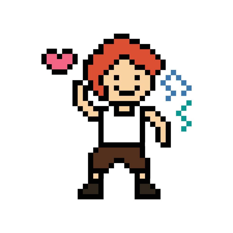 Cartoon art pixel man boy or male exercise dance cute 8 bit. vector