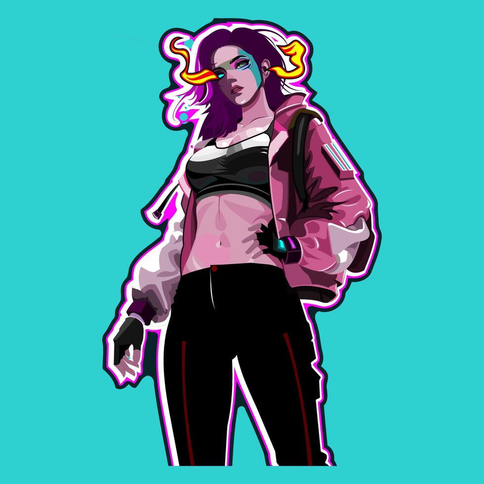 cyberpunk girl cartoon character in anime style vector
