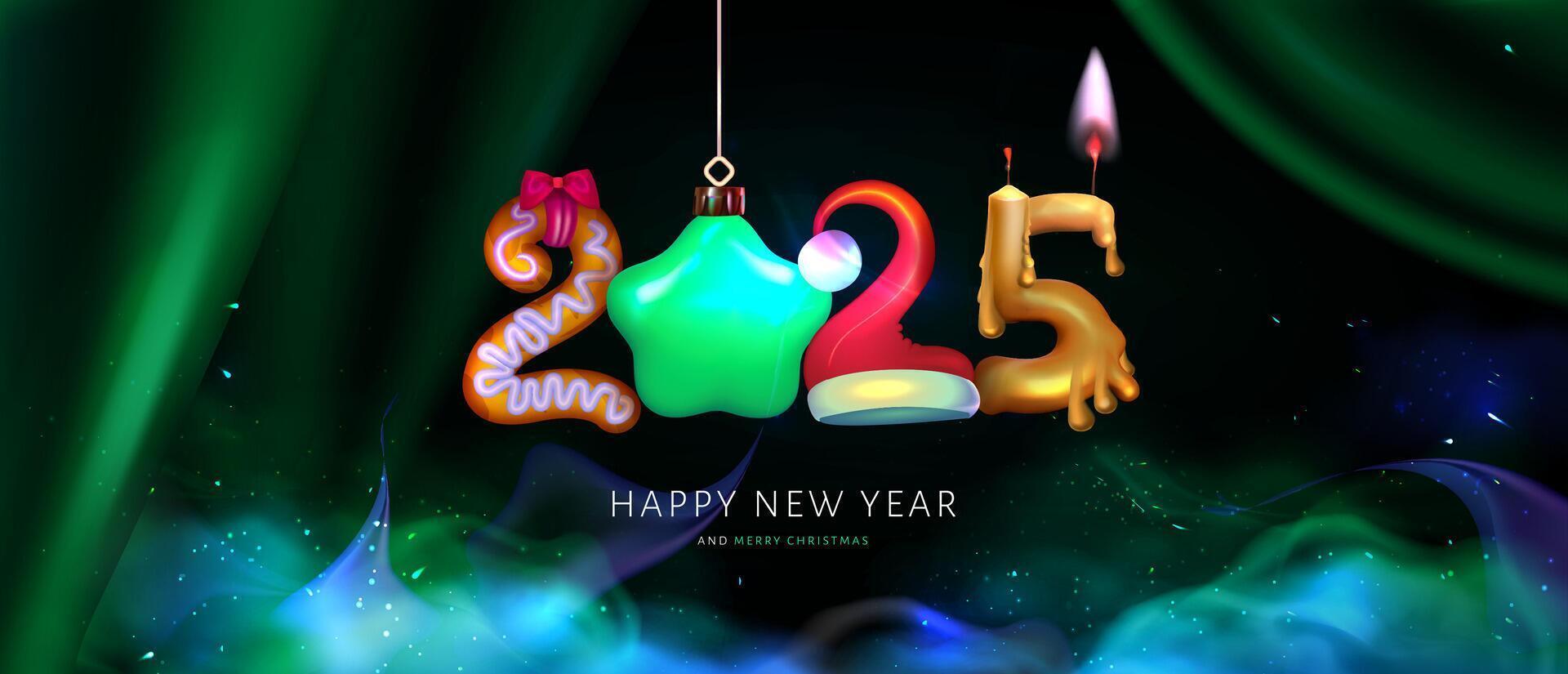Realistic funny design from numbers in the shape decorations for New Year and Merry Christmass postcard for 2025. Scene with royal luxurious green silk draperies. Blue smoke vector