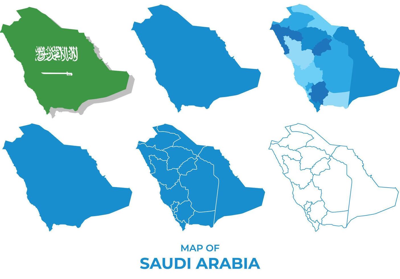 Saudi Arabia Maps in different style political map flag outline illustration set vector