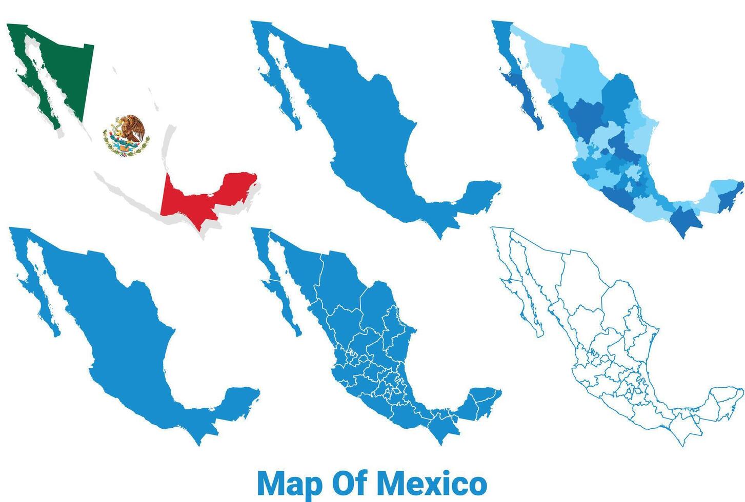 Mexico Maps in different style political map flag outline illustration set vector
