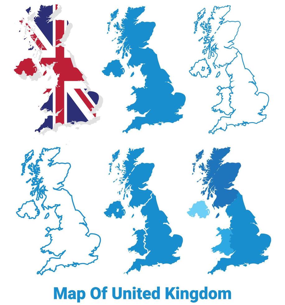 United Kingdom Maps in different style political map flag outline illustration set vector