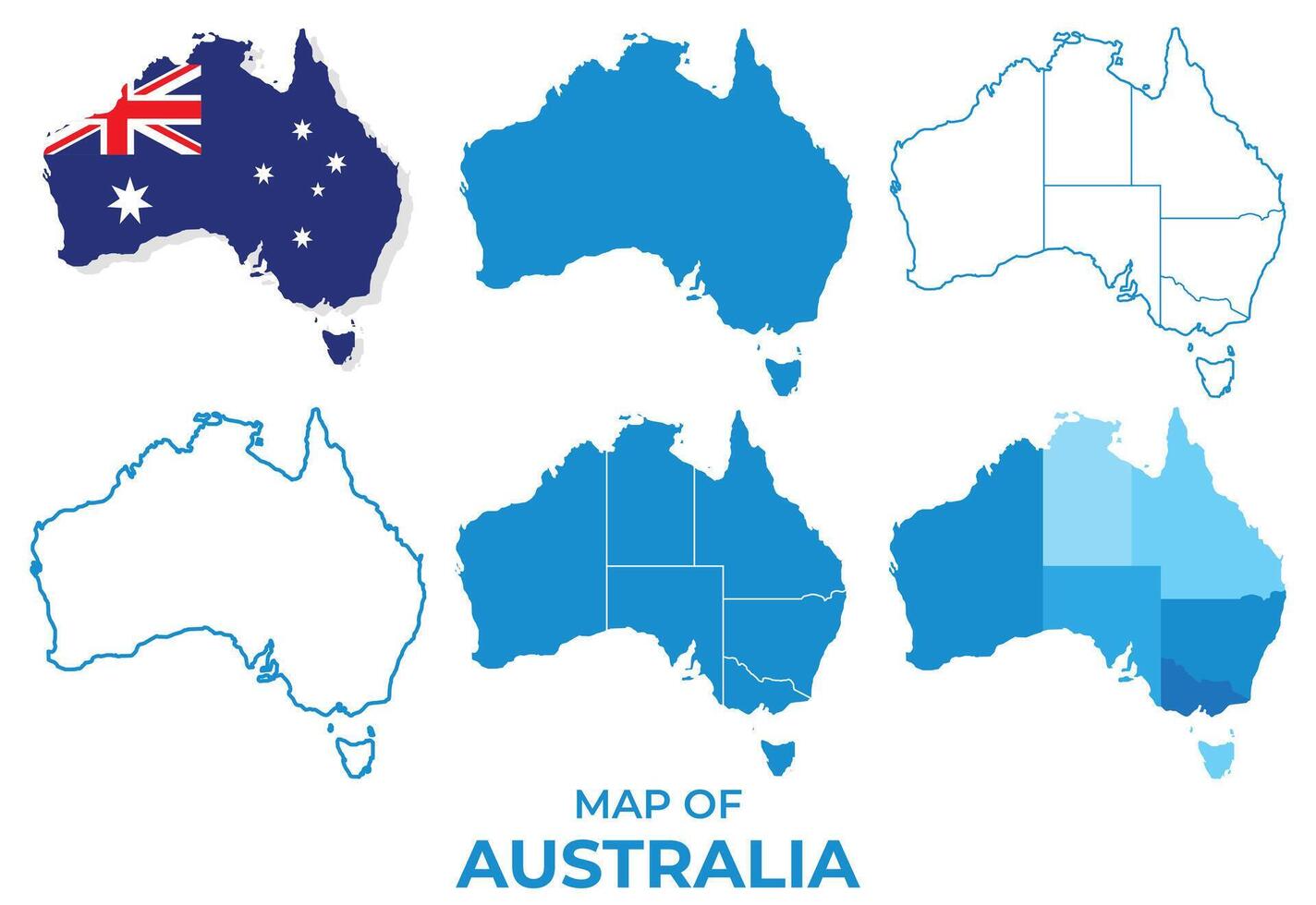 Australia Maps in different style political map flag outline illustration set vector