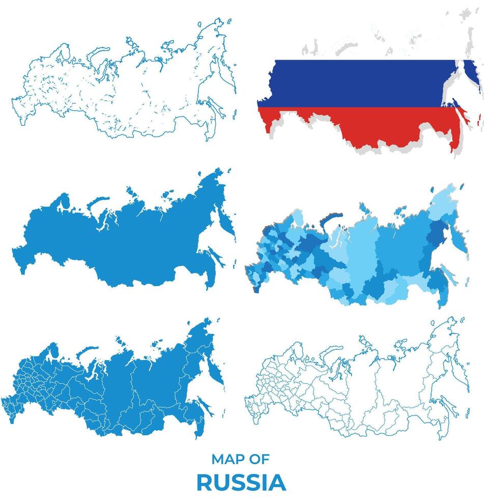 Russia Maps in different style political map flag outline illustration set vector