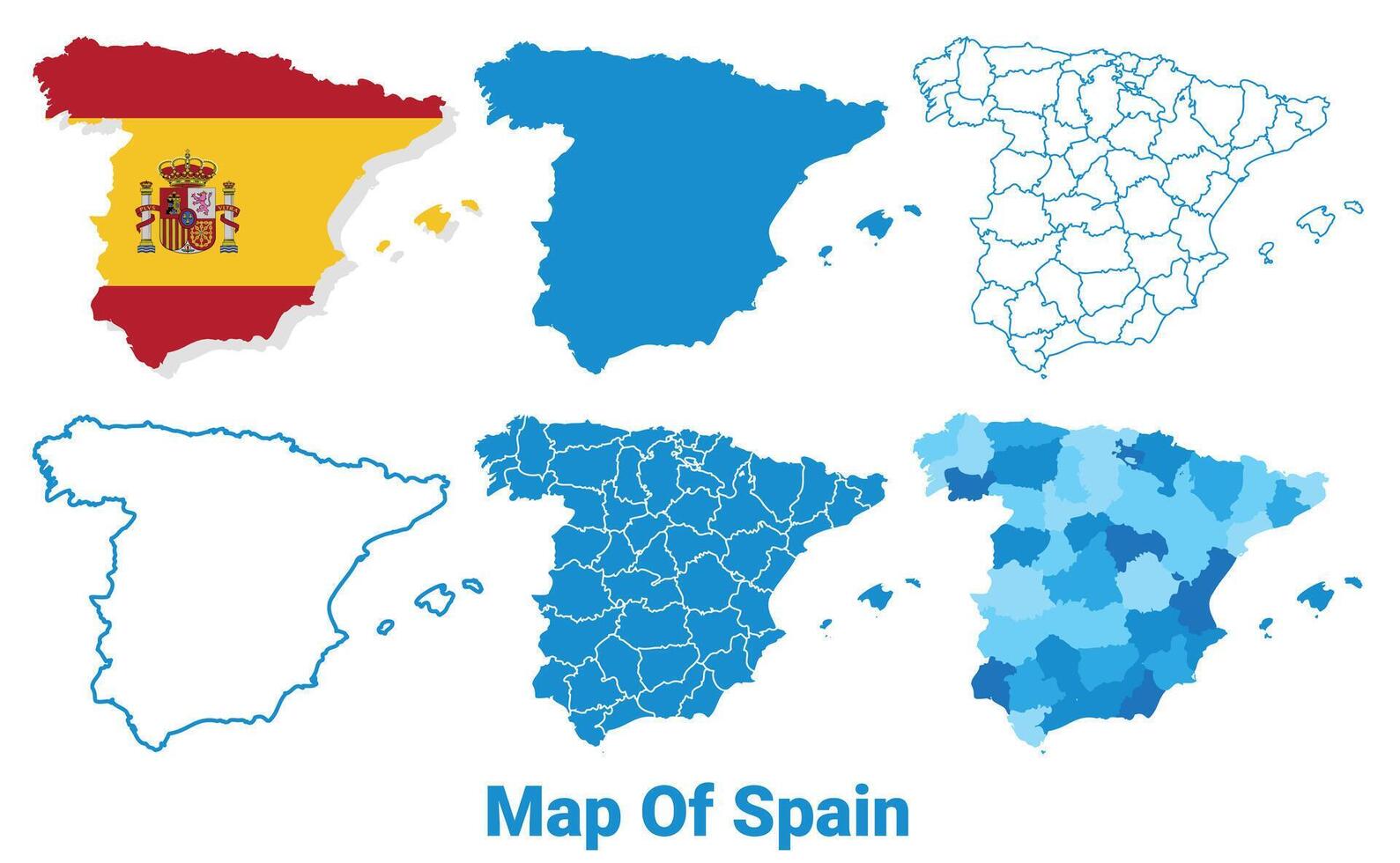 Spain Maps in different style political map flag outline illustration set vector
