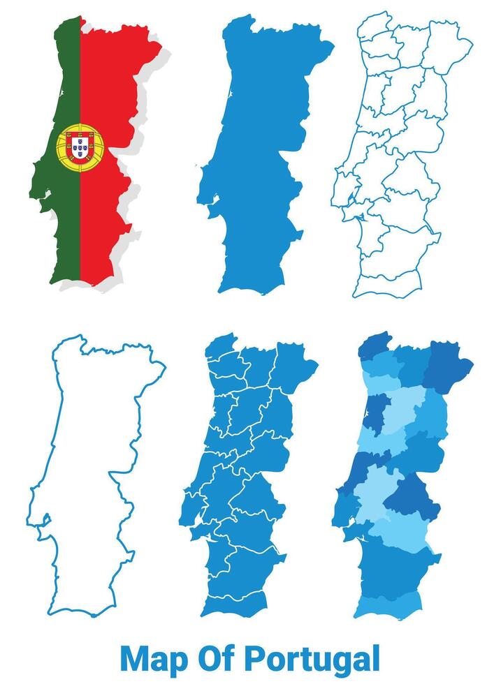 Portugal Maps in different style political map flag outline illustration set vector