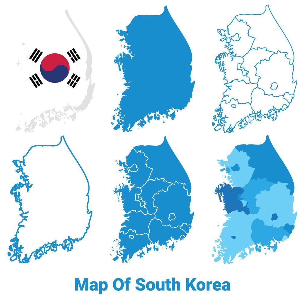 South Korea Maps in different style political map flag outline illustration set vector