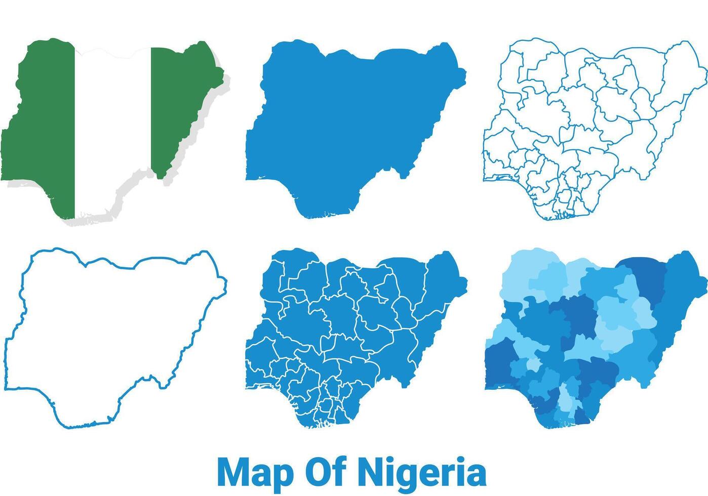 Nigeria Maps in different style political map flag outline illustration set vector