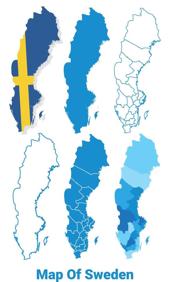 Sweden Maps in different style political map flag outline illustration set vector