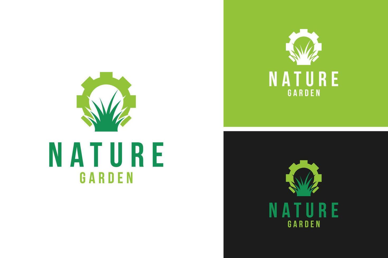 Gear with grass for garden maintenance logo design template illustration idea vector