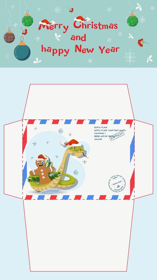A postal envelope for Santa Claus a symbol of the new year a snake wraps around a gingerbread man vector