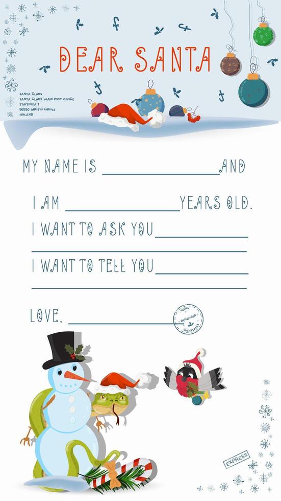 A letter for Santa Claus with lines to fill in wishes and data A snake wraps around a snowman vector
