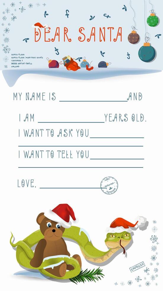 A letter for Santa Claus with lines to fill in wishes and data A snake wraps around a bear toy vector