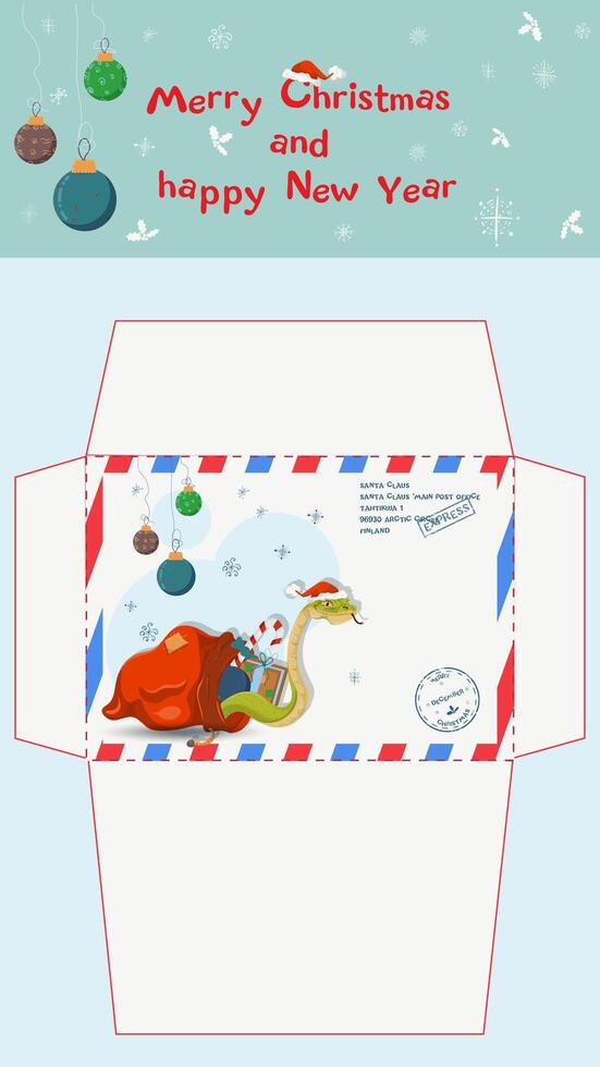 A postal envelope for Santa Claus a symbol of the new year a snake crawls out of a bag of gifts vector