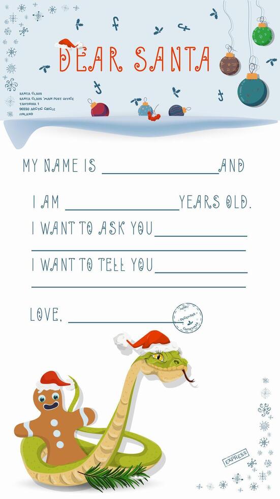 A letter for Santa Claus with lines to fill in wishes and data A snake wraps around a Gingerbread Man vector