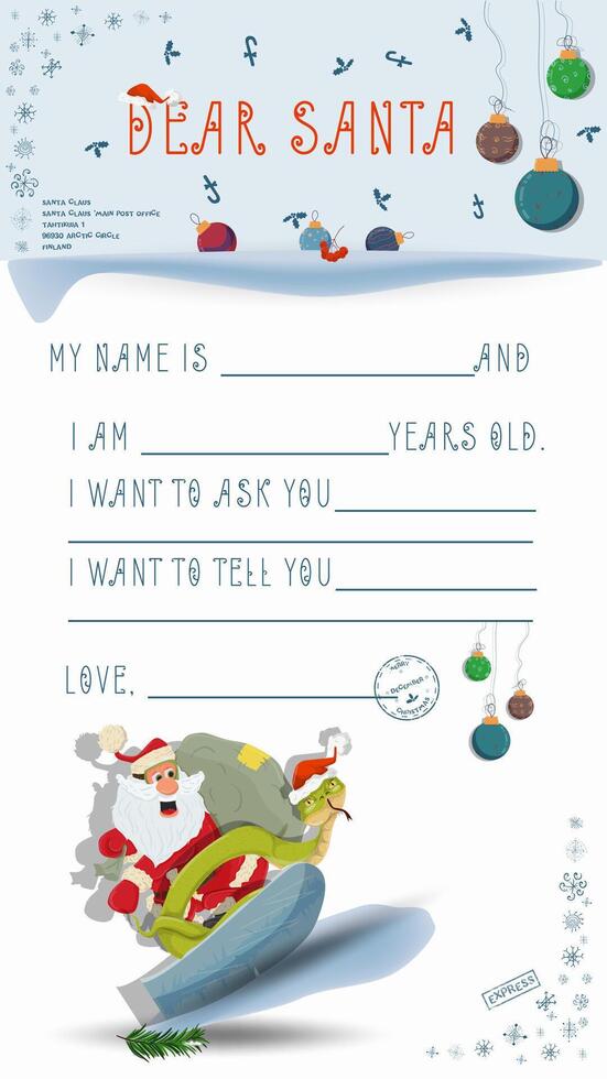 A letter for Santa Claus with lines to fill in wishes and data A Snake and Santa on a snowboard board vector