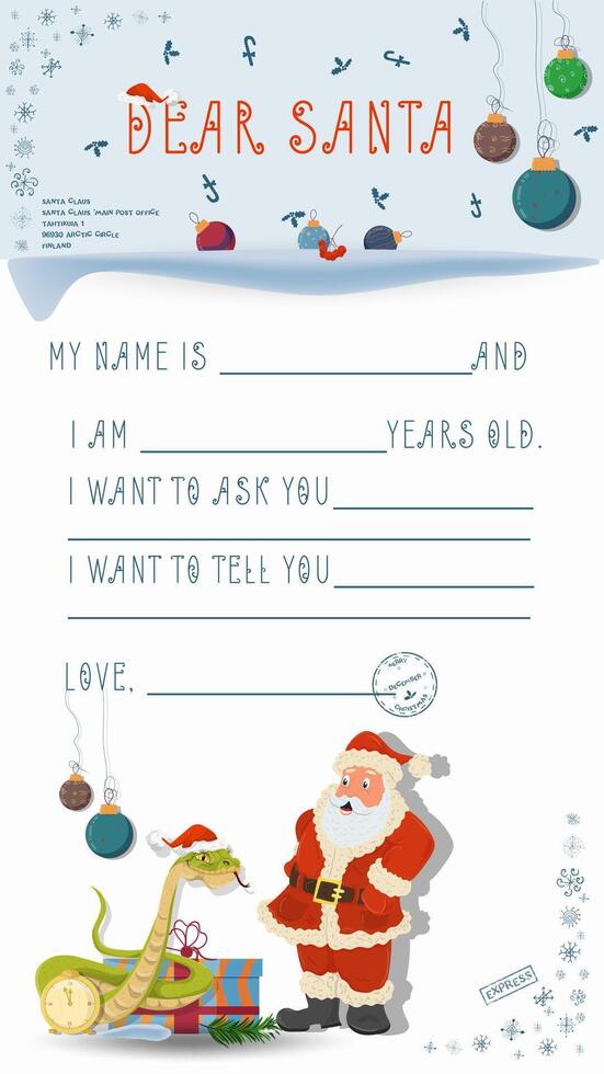A letter for Santa Claus with lines to fill in wishes and data The Snake looks at Santa vector