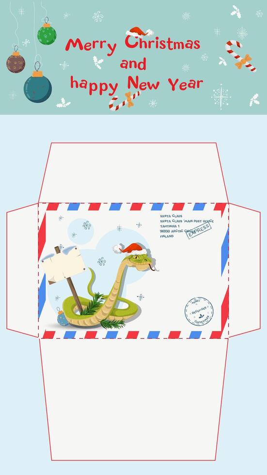 A postal envelope for Santa Claus a symbol of the new year snake with a wooden plaque vector
