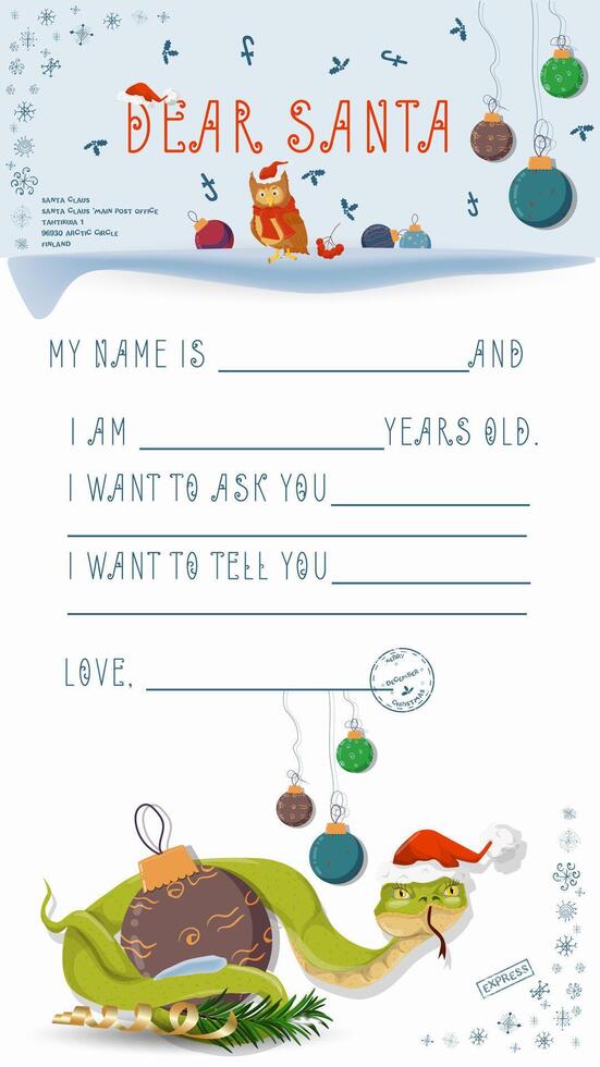 A letter for Santa Claus with lines to fill in wishes and data A snake wraps around a Christmas tree ball vector