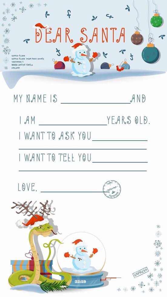 A letter for Santa Claus with lines to fill in wishes and data A snake wraps around a glass ball with a snowman vector