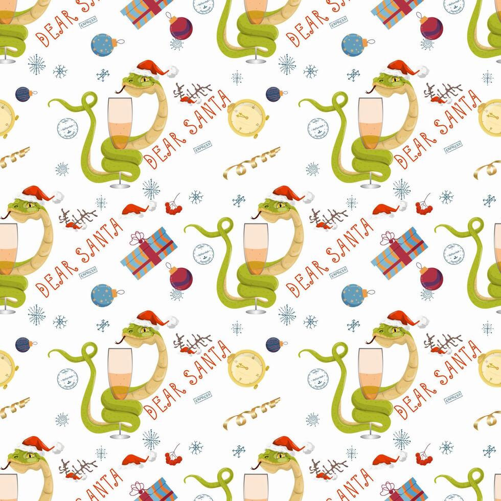 Seamless illustration on the theme of New year and Christmas A snake wraps around a glass with a drink vector