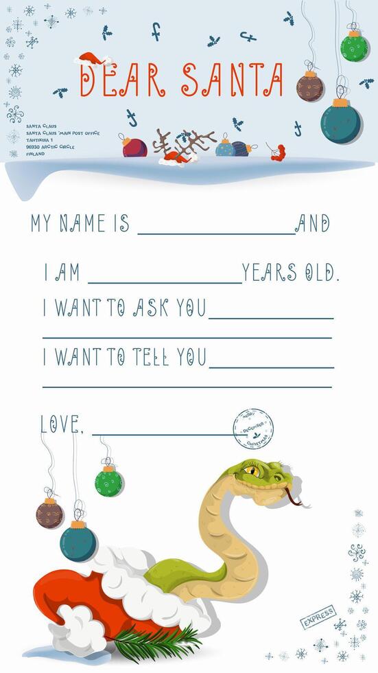A letter for Santa Claus with lines to fill in wishes and data A snake climbs out of Santas hat vector
