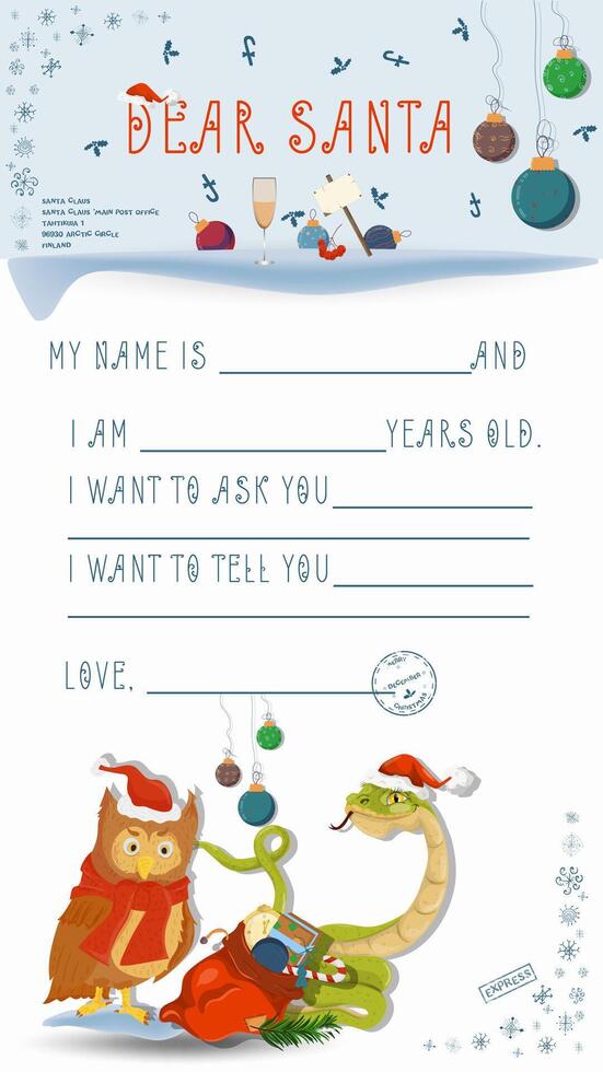 A letter for Santa Claus with lines to fill in wishes and data A snake and an owl look at each other vector
