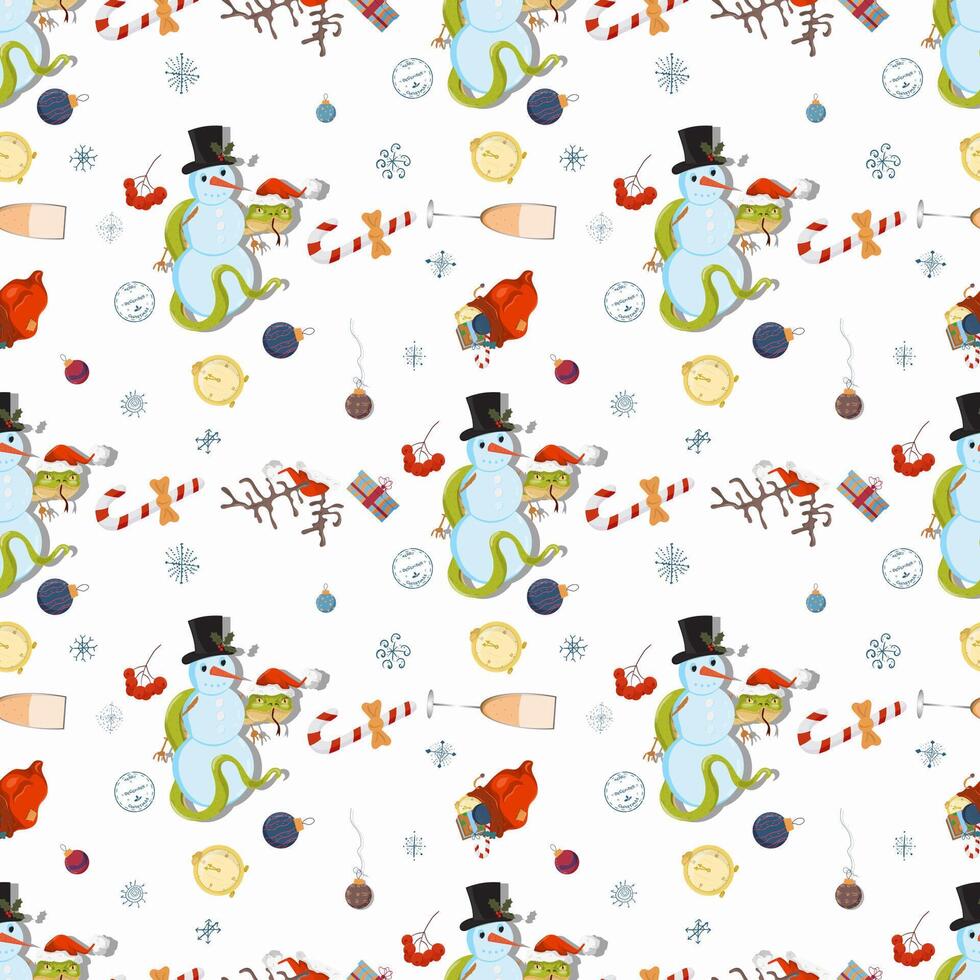 Seamless illustration on the theme of New Year and Christmas A snake wraps around a snowman vector