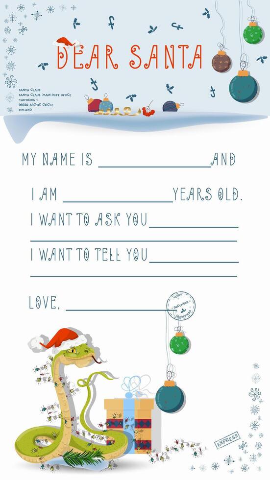 A letter for Santa Claus with lines to fill in wishes and data A snake wrapped in garlands vector