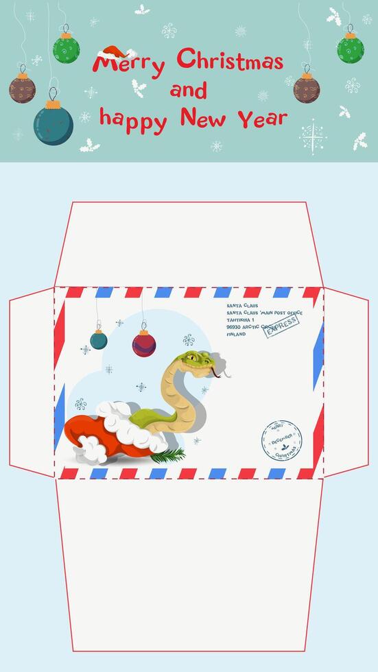 A postal envelope for Santa Claus a symbol of the new year a snake crawls out of Santas hat vector