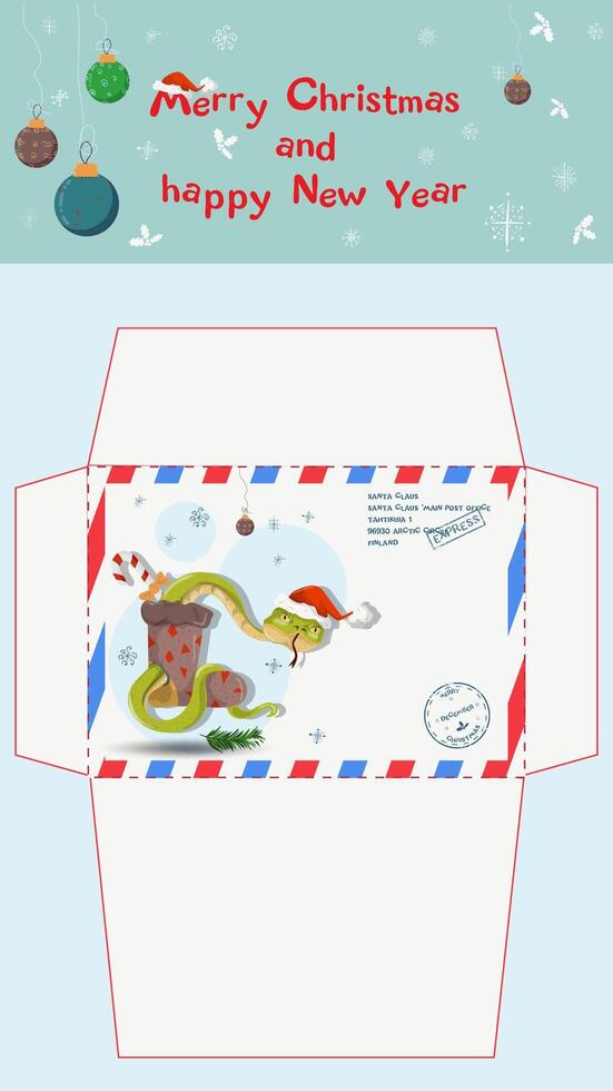 A postal envelope for Santa Claus a symbol of the new year a snake in a sock for gifts vector