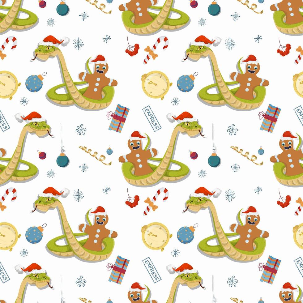 Seamless illustration on the theme of New Year and Christmas A snake wraps around a gingerbread man vector